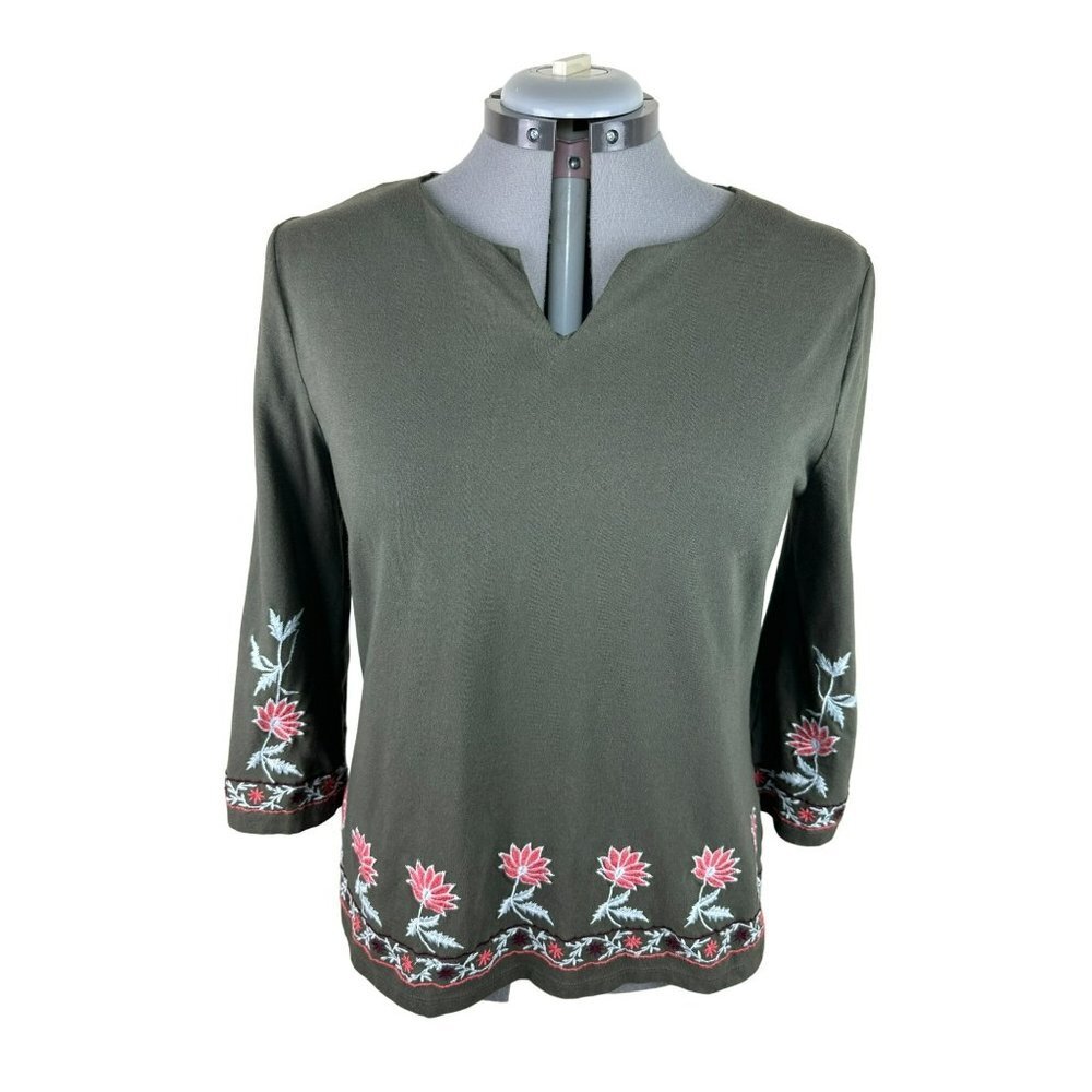 Chico's Blouse Women's 1 Medium Floral Embroidered Bohemian Green